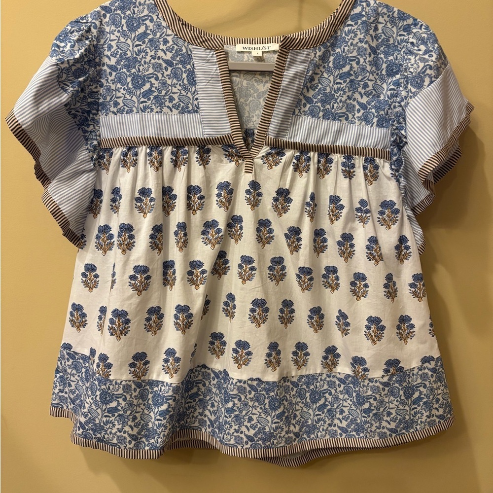 Wishlist Blue Floral Boho Top | Size L | Flutter Sleeve Blouse - Picture 2 of 5